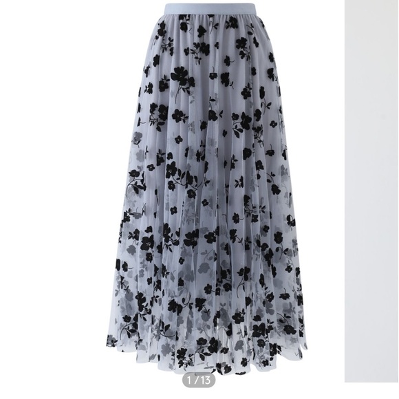 NWOT Chicwish 3D POSY LINED DOUBLE-LAYERED MESH MIDI SKIRT IN DUSTY BLUE XS - Picture 7 of 14